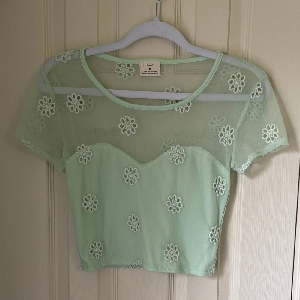 Pins & Needles Mint Green Sheer Floral Mesh Crop Top - Picture 1 of 5